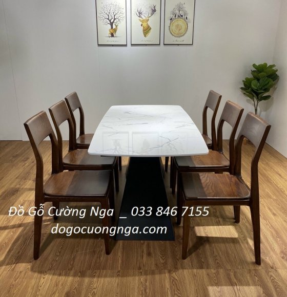 Bộ bàn ăn gỗ sồi 6 ghế mặt đá hiện đại 