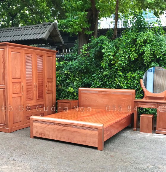 Combo phòng ngủ giường - tủ áo gỗ Xoan Đào Lào ( mẫu lá sách - gương tròn )