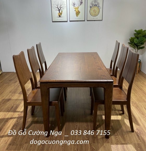 Bộ bàn 6 ghế gỗ sồi lau màu óc chó - ghế liền 