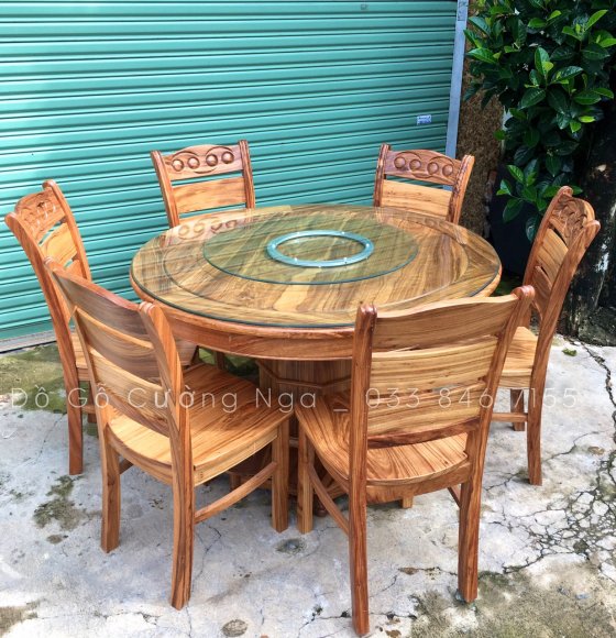 Bộ Bàn Ăn Tròn Mâm Xoay 6 Ghế Gỗ Hương Xám