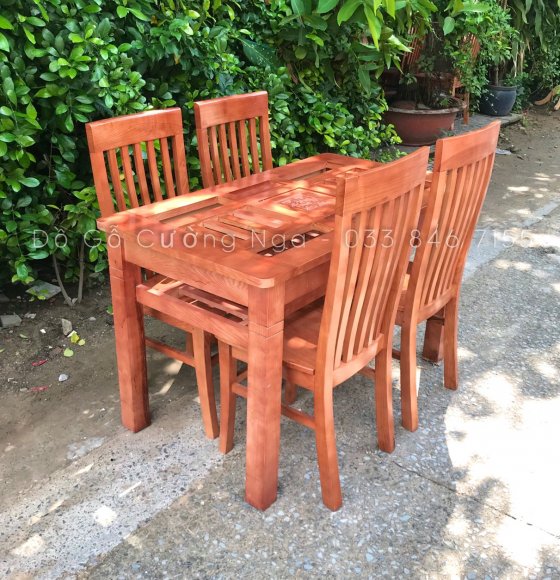 Bộ Bàn Ăn 4 Ghế Sồi Nga Mẫu Dàn Che Hai Tầng - Ghế Năm Lan Màu Xoan 