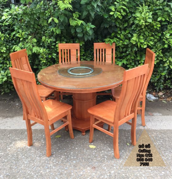Bộ Bàn Ăn Mâm Xoay Gỗ Sồi Nga 6 Ghế - Màu Xoan 