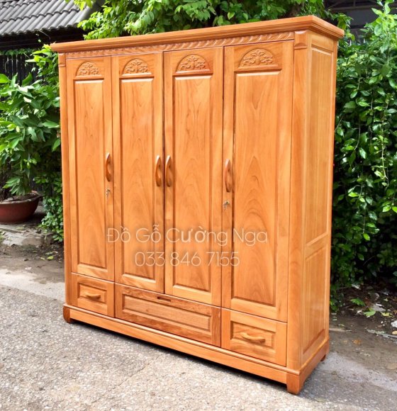 Tủ Áo Gỗ Gõ Đỏ 4 Cánh - 2m Mẫu Hoa Vòm 