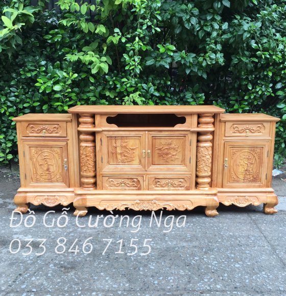 Kệ Tivi Gỗ Gõ Đỏ 2m4 Đục Cảnh 