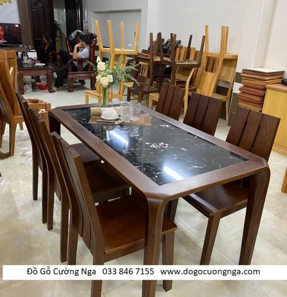 Bàn ăn gỗ sồi mặt đá - 6 ghế 