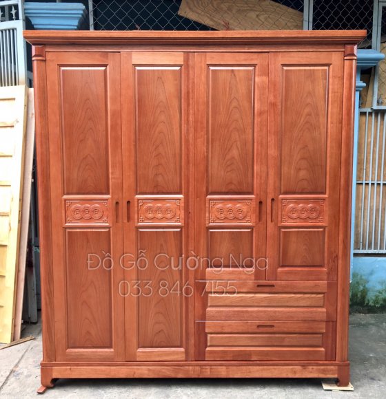 Tủ Aó Gỗ Xoan Đào Mẫu Đồng Tiền 4 Cánh - 2m