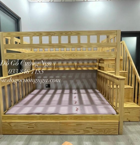 Giường Tầng Gỗ Thông Tự Nhiên Trên 1m4 Dưới 1m6