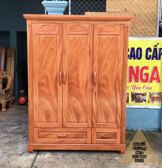 Tủ Aó Gỗ Hương Đá Mẫu Vòm Hoa 3 Cánh- 1m6