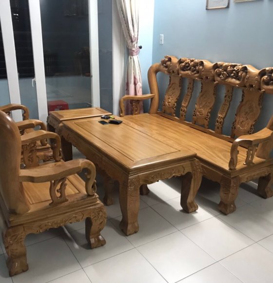 Bộ salon gỗ Gõ Đỏ tay 12 - 6 món trạm đào giao khách hàng tại chung cư Thái An - Gò Vấp 