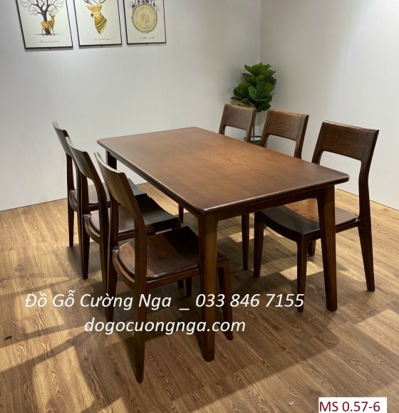 Bộ bàn ghế ăn gỗ sồi 6 ghế màu óc chó - ghế cong