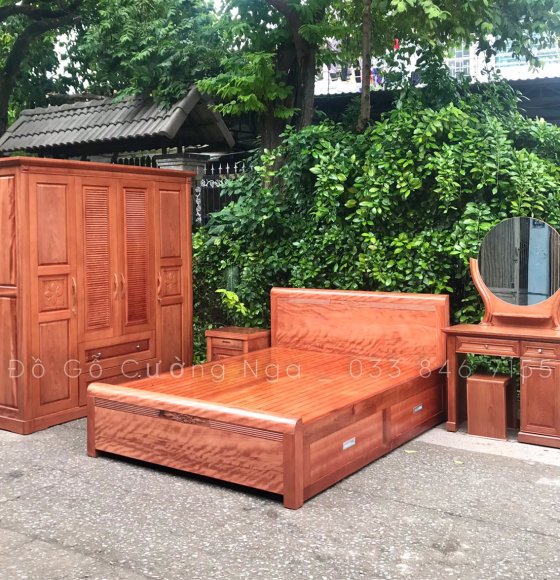 Bộ phòng ngủ gỗ Xoan Đào ( combo 4 món ) - ô kéo - lá sách - tròn 