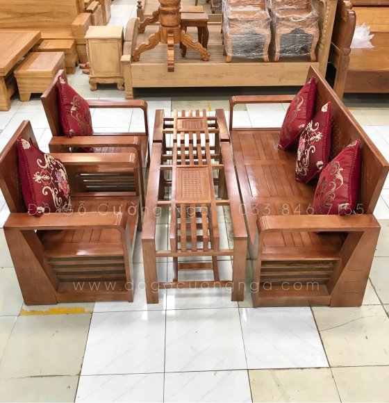 Sofa gỗ Sồi Nga Đối 5 Món Mẫu Chữ A Kèm Gối Tựa 