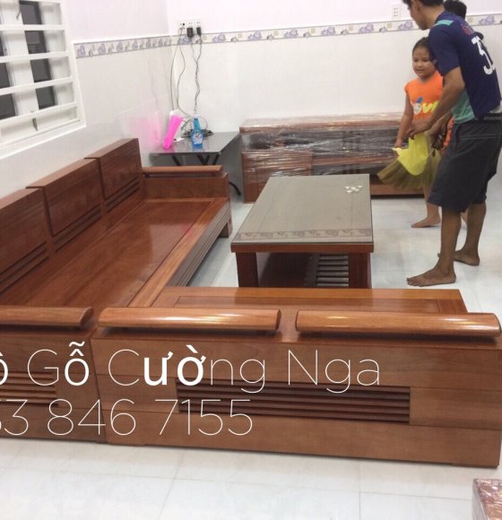 Bộ bàn ghế salon góc gỗ Xoan Đào + kệ tivi giao khách Quân 4