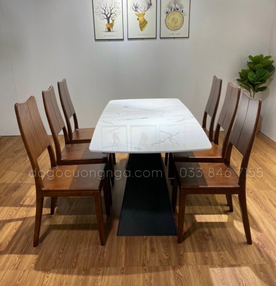 Bộ bàn ăn gỗ sồi 6 ghế - màu óc chó mặt đá chân vát 