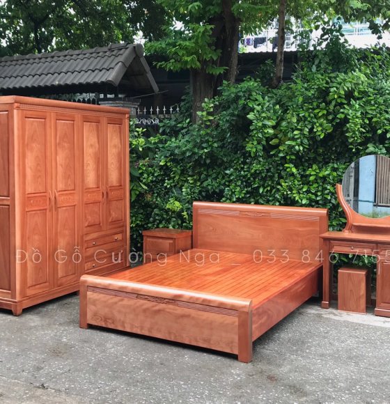 Bộ phòng ngủ gỗ Xoan Đào Lào - ( mẫu đồng tiền - gương tròn )