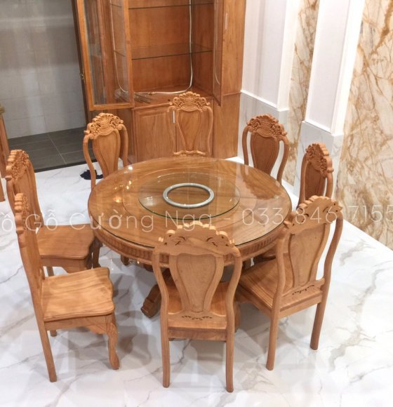 Bộ Bàn Ăn Tròn 8 Ghế Gỗ Gõ Đỏ 