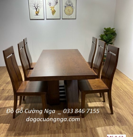 Bộ bàn ăn gỗ sồi nga 6 ghế - màu óc chó mặt liền đơn giản