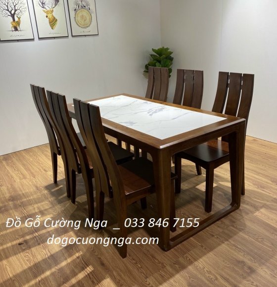 Bộ bàn ăn mặt đá gỗ sồi 6 ghế - màu óc chó - chân vòng 