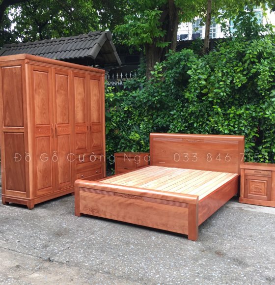Bộ combo giường tủ quần áo gỗ Xoan Đào Lào - ( giường vạt - tủ đồng tiền ) 