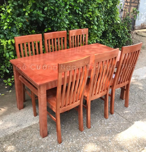 Bàn Ăn 6 Ghế Gỗ Sồi Nga Mặt Liền - Ghế Lan Màu Xoan 