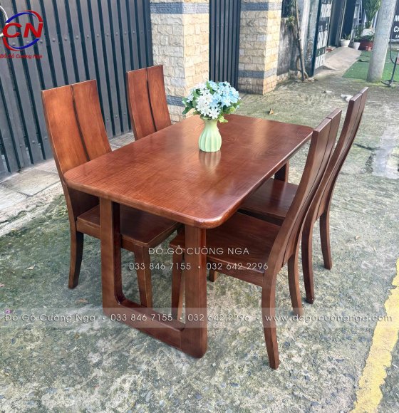 Bàn Ăn Gỗ Sồi Nga 4 Ghế Màu Óc Chó Chân Choãi Hiện Đại