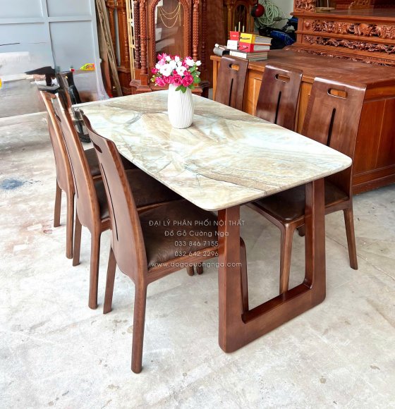 Bàn Ăn Gỗ Sồi Nga 6 Ghế Nệm Màu Óc Chó - Mẫu Chân Choãi - Bàn Mặt Đá