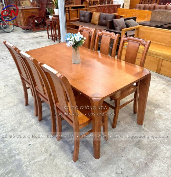 Bàn Ăn Gỗ Sồi Nga Màu Xoan 6 Ghế Lan Dọc