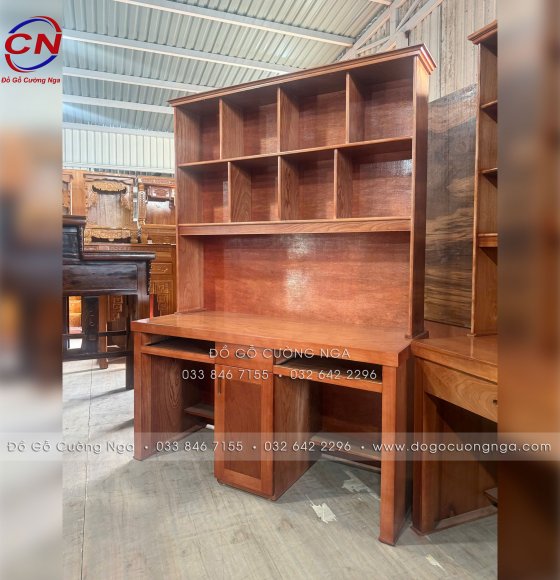 Bàn Học Đôi Kèm Kệ Sách Gỗ Xoan Đào 1m4 Mẫu Khay Bàn Phím