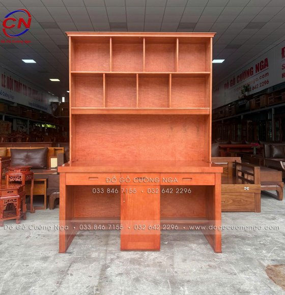 Bàn Học Đôi Gỗ Xoan Đào 1m4 Kèm Kệ Sách