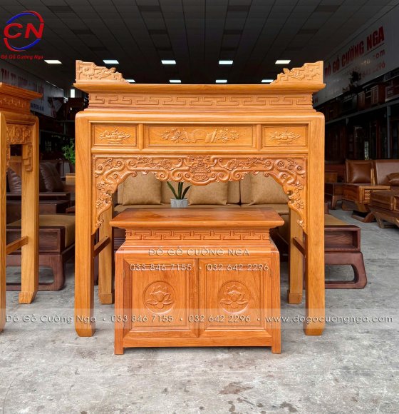 Bàn Thờ Án Gian Gỗ Gõ Đỏ Chạm Như Ý 1m27 Kèm Tủ Thờ Cúng Cơm