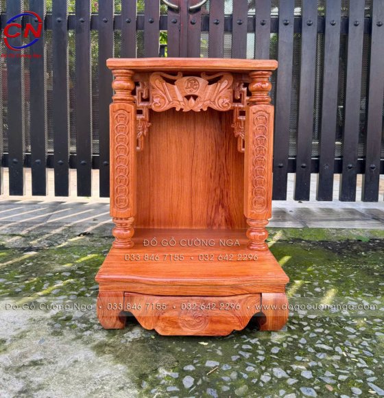 Bàn Thờ Ông Địa Gỗ Hương Đá Mẫu Cột Vuông Chạm Đồng Tiền