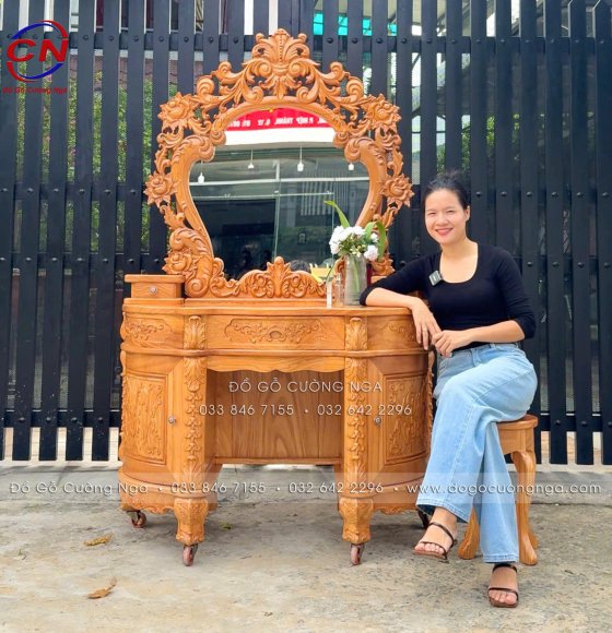 Bàn Trang Điểm Gỗ Gõ Đỏ Mẫu Hoàng Gia 1m2 Mặt Nguyên Tấm 3cm