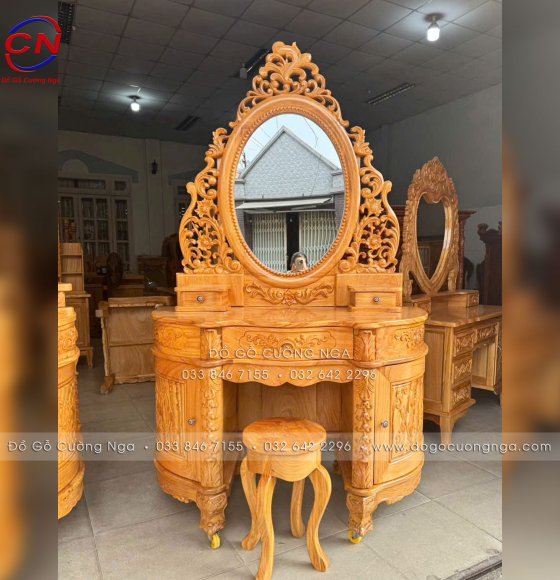 Bàn Trang Điểm Gỗ Gõ Đỏ 1m2 Gương Ovan Mặt Nguyên Tấm 3cm