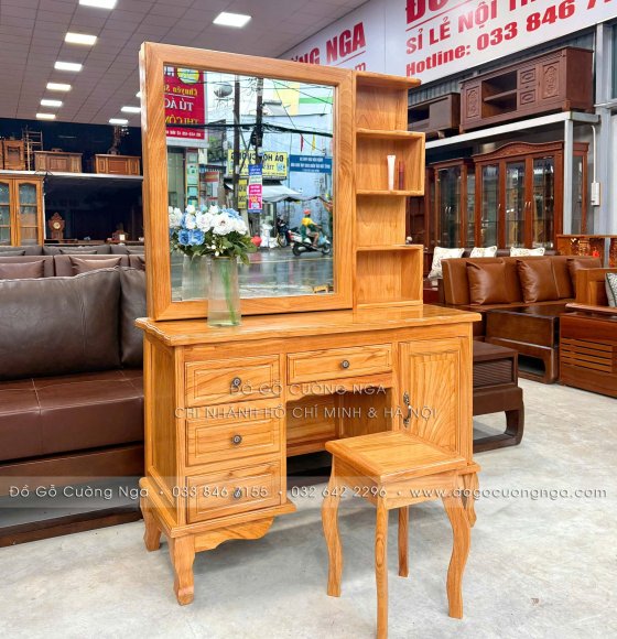 Bàn Trang Điểm Gỗ Gõ Đỏ 1m07 Gương Trượt Thông Minh