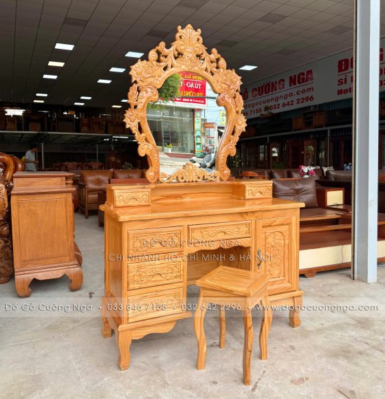 Bàn Phấn Trang Điểm Gỗ Gõ Đỏ Cao Cấp 1m1 Gương Hoa Hồng 