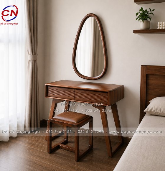 Bàn Trang Điểm Gỗ Sồi Màu Óc Chó Gương Giọt Nước Hiện Đại