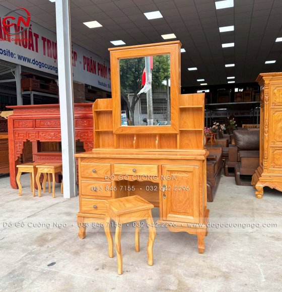 Bàn Trang Điểm Gỗ Gõ Đỏ 1m07 Gương Cánh Mở Hiện Đại