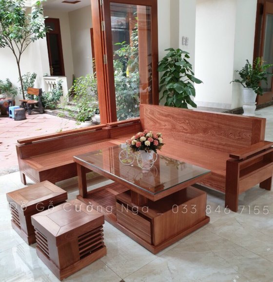 Bộ Bàn Ghế Sofa Gỗ Góc L Xoan Đào 2mx1m8 - Mặt Liền Tay Vuông