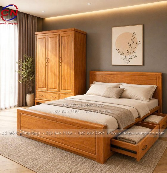 Combo Phòng Ngủ Gỗ Gõ Đỏ 100% 2 Chi Tiết: Giường 2 Ngăn Kéo & Tủ Áo 3 Cánh Hiện Đại