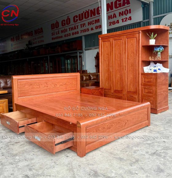 Combo Phòng Ngủ Gỗ Hương Đá 3 Chi Tiết: Tủ Áo 3 Cánh Kèm Góc – Giường 2 Ngăn Kéo