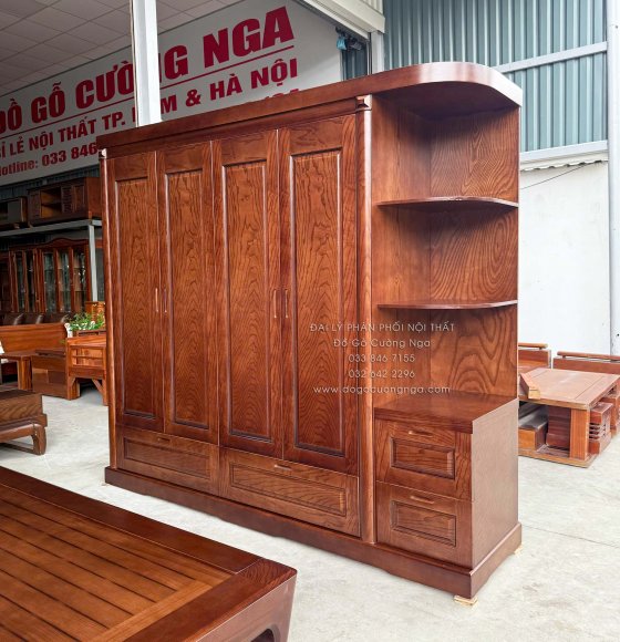 Tủ Áo Gỗ Sồi Nga 4 Cánh Kèm Góc Trang Trí Bo Cạnh - Màu Óc Chó