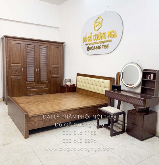 Combo Phòng Ngủ Gỗ Sồi Nga Lau Màu Óc Chó 4 Chi Tiết