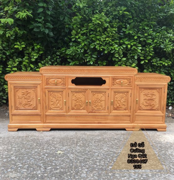 Kệ TiVi Gỗ Gõ Đỏ - Mẫu Mõ Trạm Bông 