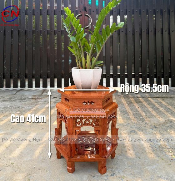 Đôn Gỗ Hương Đá Kê Tượng, Chậu Cây - Mặt Lục Giác - Cao 41cm