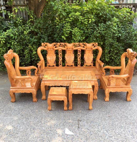 Salon Gỗ Gõ Đỏ Mẫu Trạm Đào Tay 12 - 6 Món