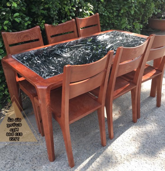Bộ bàn ăn gỗ sồi nga 6 ghế mặt đá sang trọng BA006