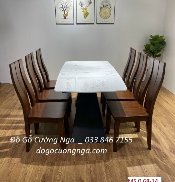 Bộ bàn ăn gỗ sồi nga 6 ghế mặt đá - màu óc chó đẹp đơn giản
