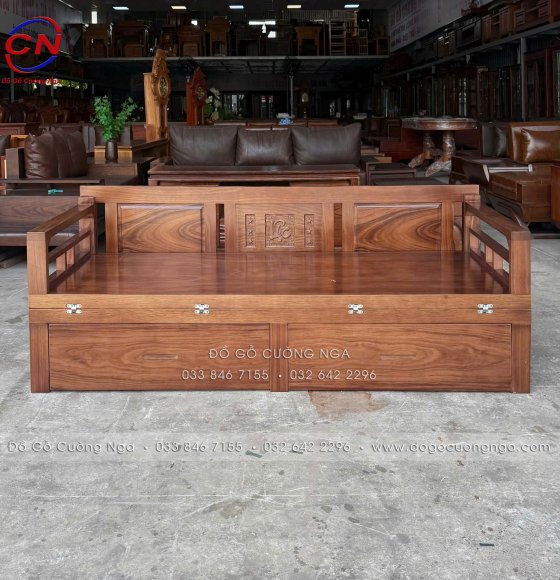 Giường Gấp Gỗ Hương Xám Màu Óc Chó 2 Ngăn Kéo Sang Trọng
