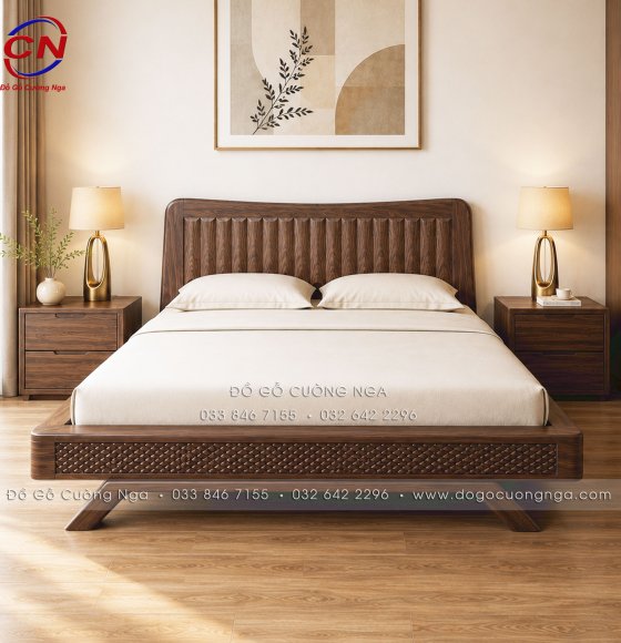Giường Ngủ Gỗ Hương Xám Màu Óc Chó Kiểu Nhật Mẫu Trám Đẹp Sang Trọng