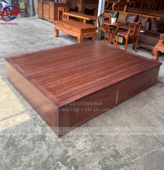 Giường Ngủ Gỗ Sồi Nga Màu Óc Chó 2mx2m Có 2 Ngăn Kéo – Hàng Đặt